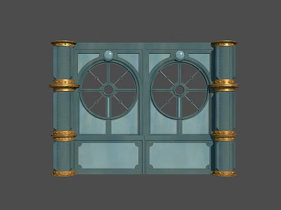 Decorative Blue Wall With Circular Windows And Golden Column Accents 3d model