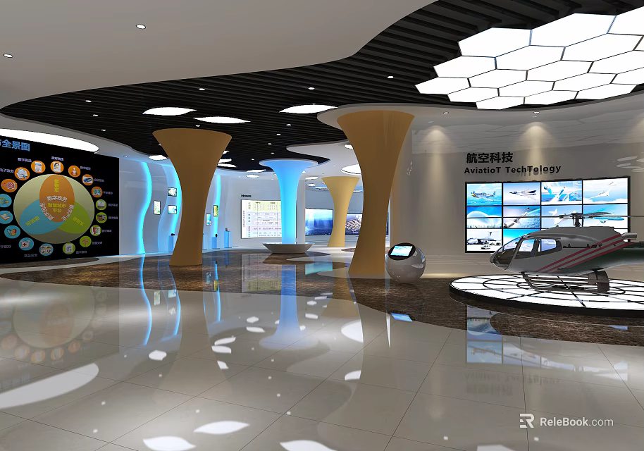 Science and Technology Museum Exhibition Hall With Modern Display Screens Interactive Models And Lighting 3d model 