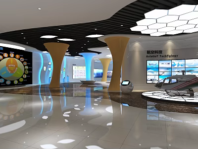 Science and Technology Museum Exhibition Hall With Modern Display Screens Interactive Models And Lighting 3d model
