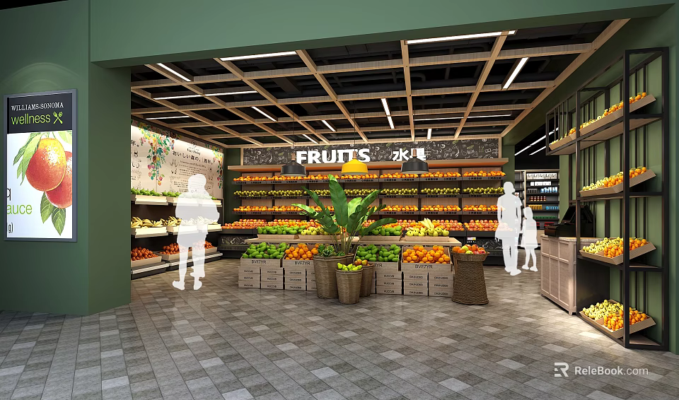 Fresh Fruit Store Interior With Wooden Shelves Colorful Fruits And Customers Shopping 3d model 