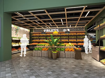 Fresh Fruit Store Interior With Wooden Shelves Colorful Fruits And Customers Shopping 3d model