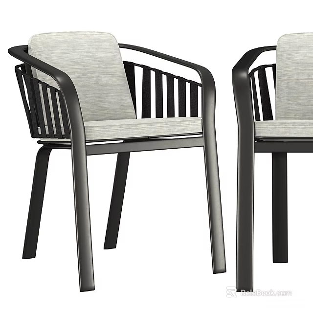Modern Dining Chairs With Black Metal Frame And Gray Upholstered Seat And Slatted Backrest 3d model 