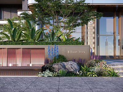 Feature Wall Design With Green Plants Colorful Flowers And Natural Stones Near Building Entrance 3d model