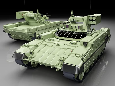Two Detailed Green Armored Vehicle Models With Turrets And Tracks 3d model