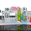 Pink Themed Exhibition Booth With Palm Trees Pineapple Decor And Counter Chairs
