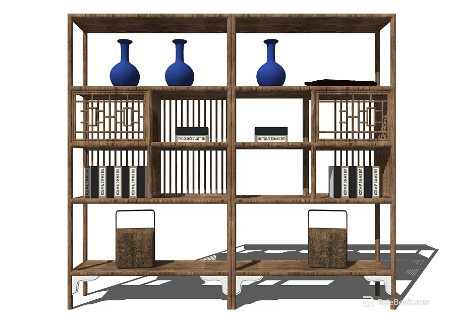 Traditional Chinese Wooden Lattice Display Shelf With Blue Vases Books Small Boxes And Baskets 3d model 