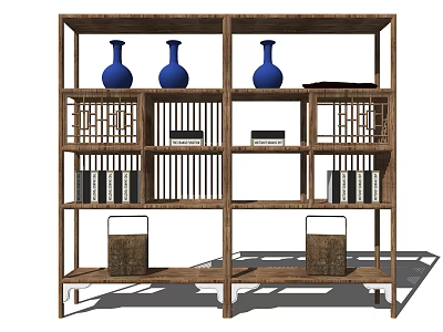 Traditional Chinese Wooden Lattice Display Shelf With Blue Vases Books Small Boxes And Baskets 3d model