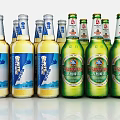 Multiple Snow And Tsingtao Beer Bottles With Blue Green Labels On White Background