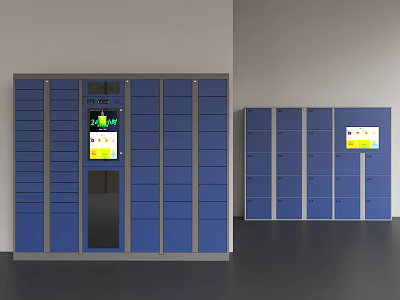 Modern Blue Metal Storage Lockers With Multiple Compartments And Digital Screens 3d model