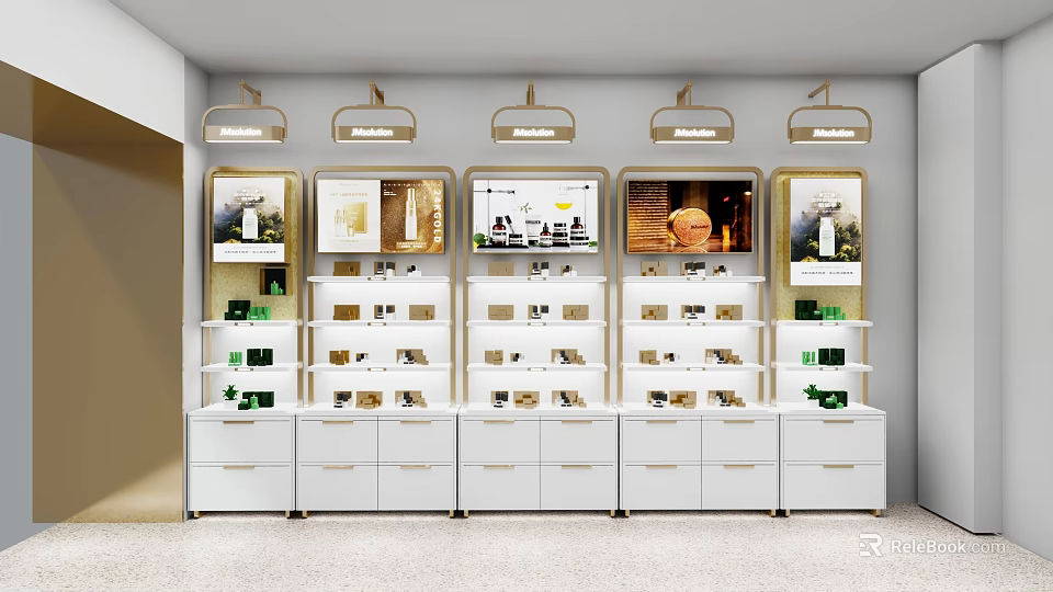 Luxury Mall Counter With White And Gold Display Shelves And Products 3d model 