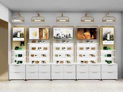 Luxury Mall Counter With White And Gold Display Shelves And Products 3d model