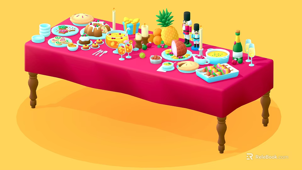 Red Tablecloth Dining Table With Assorted Foods Fruits Drinks And Candles 3d model 