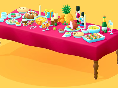 Red Tablecloth Dining Table With Assorted Foods Fruits Drinks And Candles 3d model