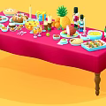 Red Tablecloth Dining Table With Assorted Foods Fruits Drinks And Candles