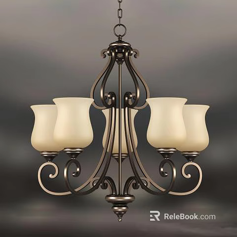 Classic Style Ornate Metal Chandelier with White Frosted Glass Shades and Curved Detailing 3d model 