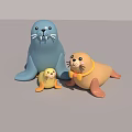 Three Cute Aquatic Seals Blue Yellow Brown Sitting Together on Gray Surface