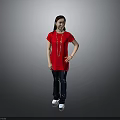 Child In Red T Shirt Dark Jeans With Necklace And White Shoes On Grey Background