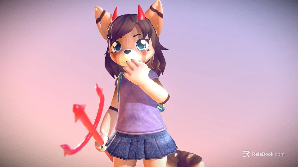 Woman With Cat Ears Horns Holding Red Trident Wearing Purple Top Blue Skirt Pastel Gradient 3d model 