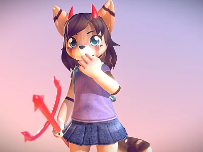 Woman With Cat Ears Horns Holding Red Trident Wearing Purple Top Blue Skirt Pastel Gradient 3d model