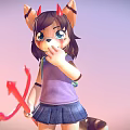 Woman With Cat Ears Horns Holding Red Trident Wearing Purple Top Blue Skirt Pastel Gradient