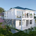White Exterior Detached Villa with Blue Roof Balcony and Pink Flowering Trees Greenery