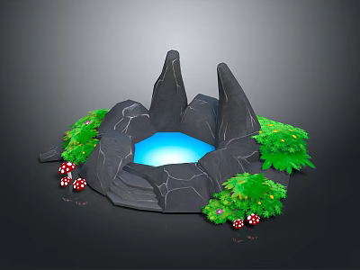 Modern Landscape With Black Rocks Blue Glowing Pool Green Plants And Red Mushrooms 3d model