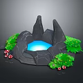 Modern Landscape With Black Rocks Blue Glowing Pool Green Plants And Red Mushrooms