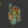 Intricate Model House Structure With Red Roof Windmill Barrels And Mechanical Parts