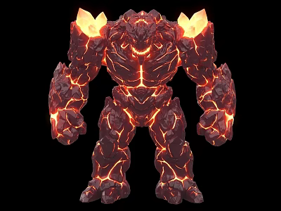 Mighty Stone and Wood Golem Figure with Lava Glow and Fiery Orange Lines 3d model