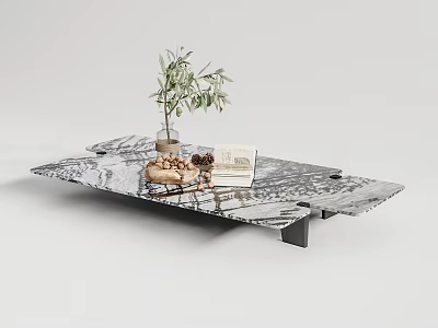 Modern Marble Coffee Table With Olive Plant Book And Metal Base 3d model