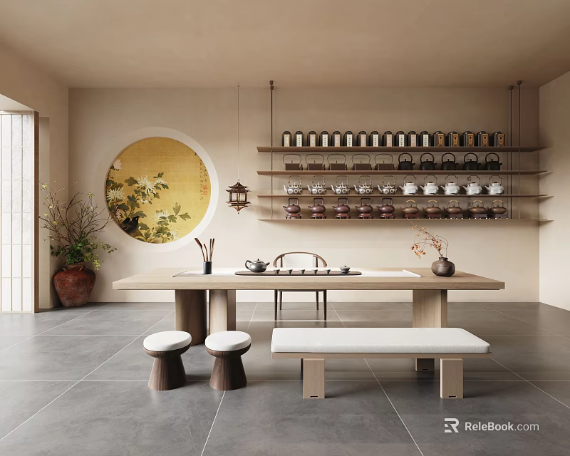 Traditional Chinese Tea Room Interior With Round Painting Shelves And Plants 3d model 