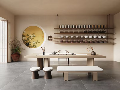 Traditional Chinese Tea Room Interior With Round Painting Shelves And Plants 3d model