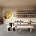 Traditional Chinese Tea Room Interior With Round Painting Shelves And Plants