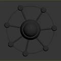 Symmetrical Metallic Mechanical Device With Central Sphere Cylindrical Components And Red Stripes