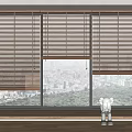 Brown Wooden Blinds Covering Large Window With City View And Toy Figure On Floor