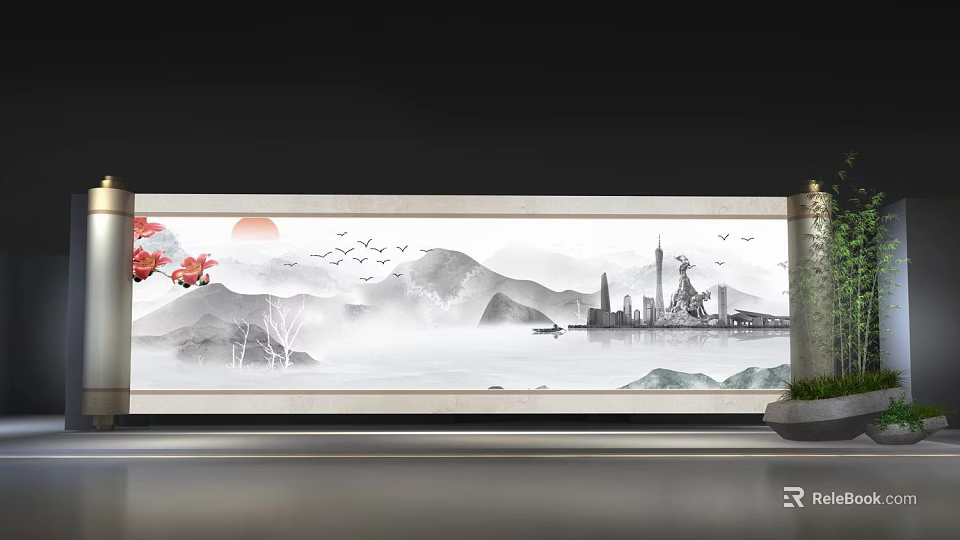Chinese Ink Style Stage Backdrop With Red Sun Flying Birds Distant Mountains And City Buildings 3d model 