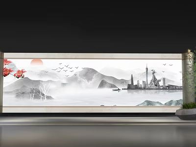 Chinese Ink Style Stage Backdrop With Red Sun Flying Birds Distant Mountains And City Buildings 3d model