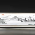 Chinese Ink Style Stage Backdrop With Red Sun Flying Birds Distant Mountains And City Buildings