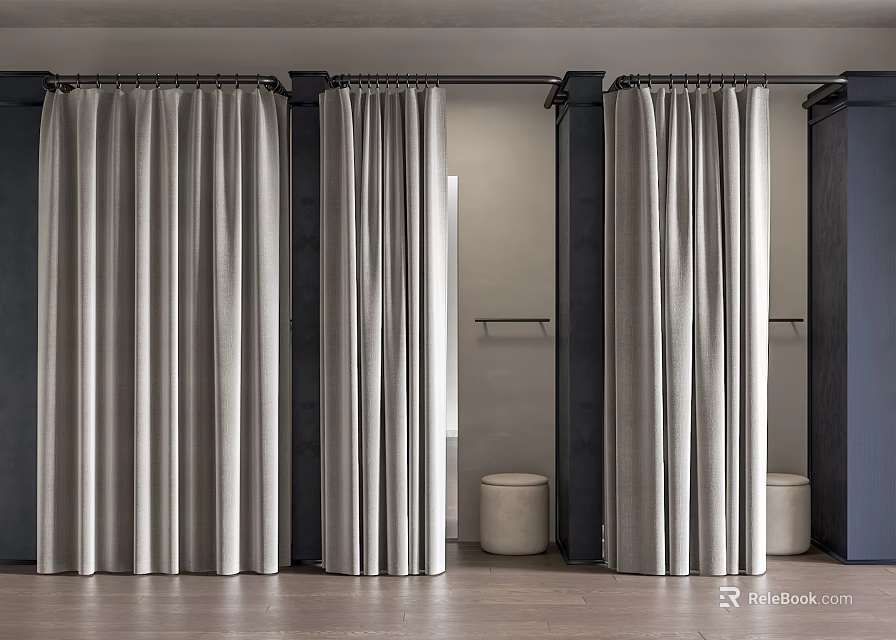 Clothing Store Fitting Rooms With Gray Curtains Black Frames Wooden Floors White Stools Dark Walls 3d model 