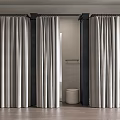 Clothing Store Fitting Rooms With Gray Curtains Black Frames Wooden Floors White Stools Dark Walls