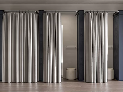 Clothing Store Fitting Rooms With Gray Curtains Black Frames Wooden Floors White Stools Dark Walls 3d model