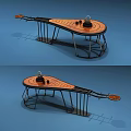 Modern Unique Coffee Table With Wooden Tabletop Metal Curved Base And Side Trays