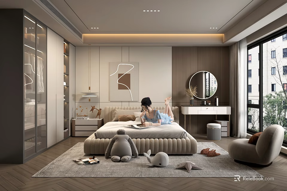 Modern Bedroom Interior With Comfortable Bed Plush Toys Herringbone Rug Dressing Table And Round Mirror 3d model 