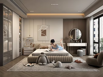 Modern Bedroom Interior With Comfortable Bed Plush Toys Herringbone Rug Dressing Table And Round Mirror 3d model