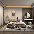 Modern Bedroom Interior With Comfortable Bed Plush Toys Herringbone Rug Dressing Table And Round Mirror