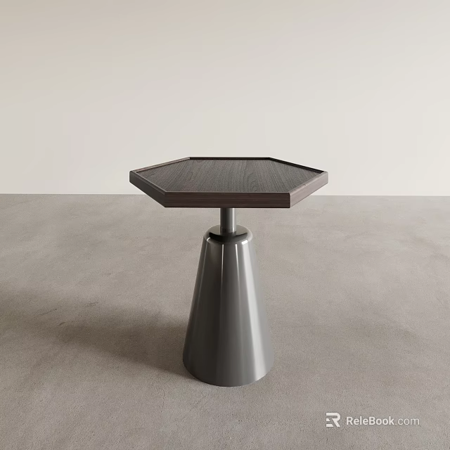 Modern Hexagonal Side Table With Dark Wood Top And Conical Gray Metal Base 3d model