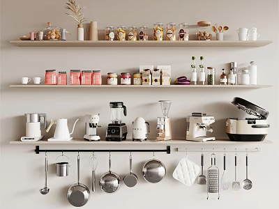 Organized Kitchen Cookware and Appliances on Wall Shelves with Jars Cups Pans and Utensils 3d model