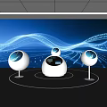 Tech Exhibition Hall Showcasing Interactive Circular Displays With Futuristic Blue Light Wave Background 3d model