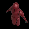 Red Armored Game Movie Character With Long Robe Helmet And Black Gloves