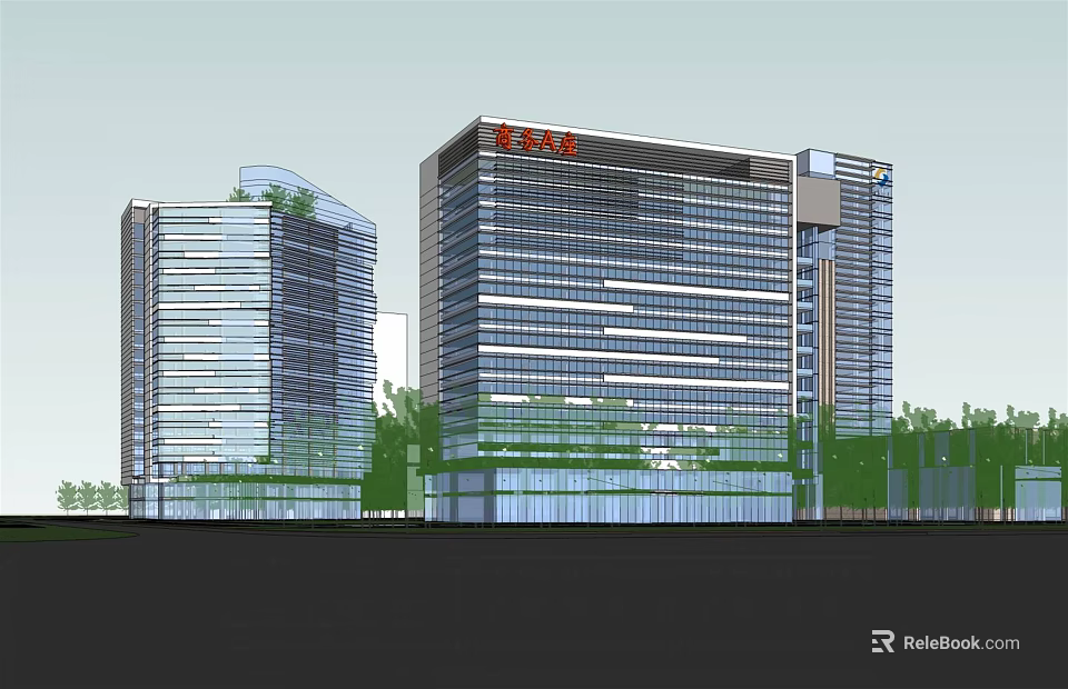 Modern High Rise Office Building Exterior Design With Glass Curtain Wall And Greenery 3d model 
